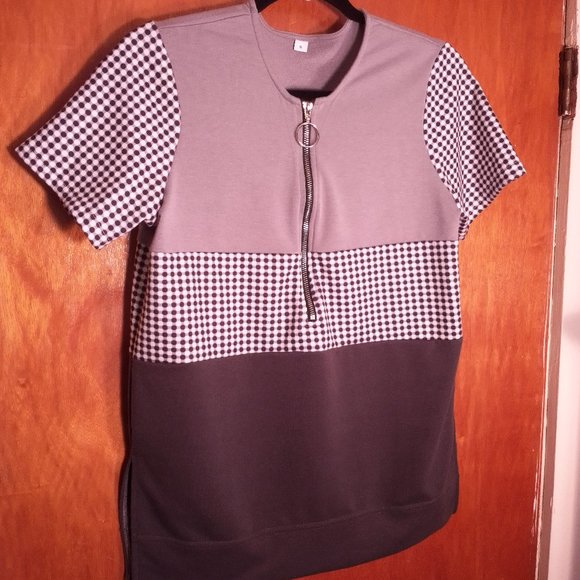 No Name Ring Zipper Soft Polka Dot Grey Shirt T-Shirt Gray Charcoal Black White - Picture 3 of 8